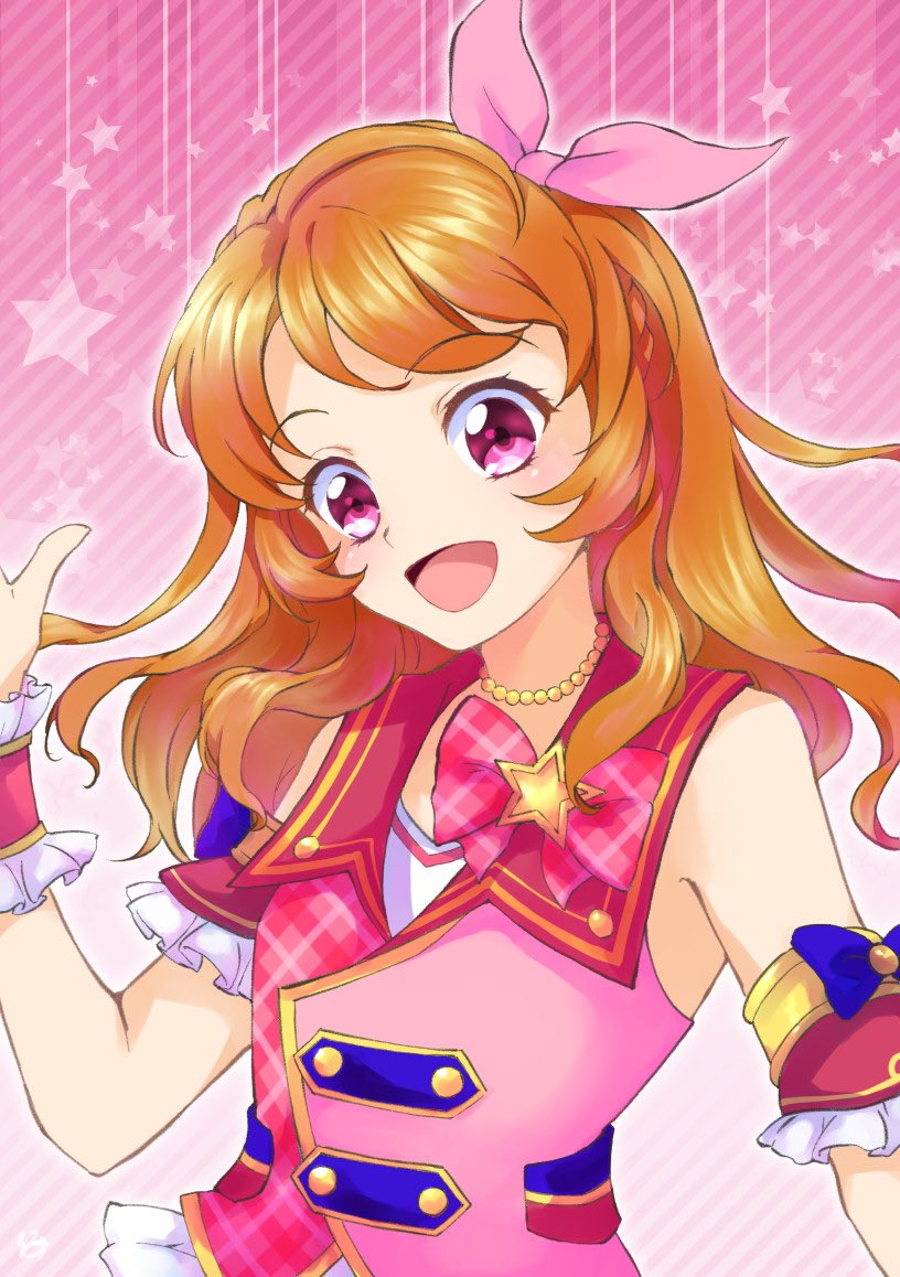 1girl aikatsu! aikatsu!_(series) bead_necklace beads commentary_request detached_sleeves frills head_tilt jewelry lo_lis necklace oozora_akari open_mouth orange_hair pink_background pink_eyes pink_vest smile solo star_(symbol) starry_background upper_body vest wrist_cuffs
