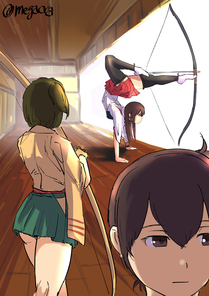 3girls akagi_(kancolle) arrow_(projectile) bow_(weapon) brown_hair hakama hakama_skirt handstand hiryuu_(kancolle) japanese_clothes kaga_(kancolle) kantai_collection long_hair megakura_kinshi multiple_girls muneate short_hair side_ponytail skirt straight_hair thigh-highs weapon