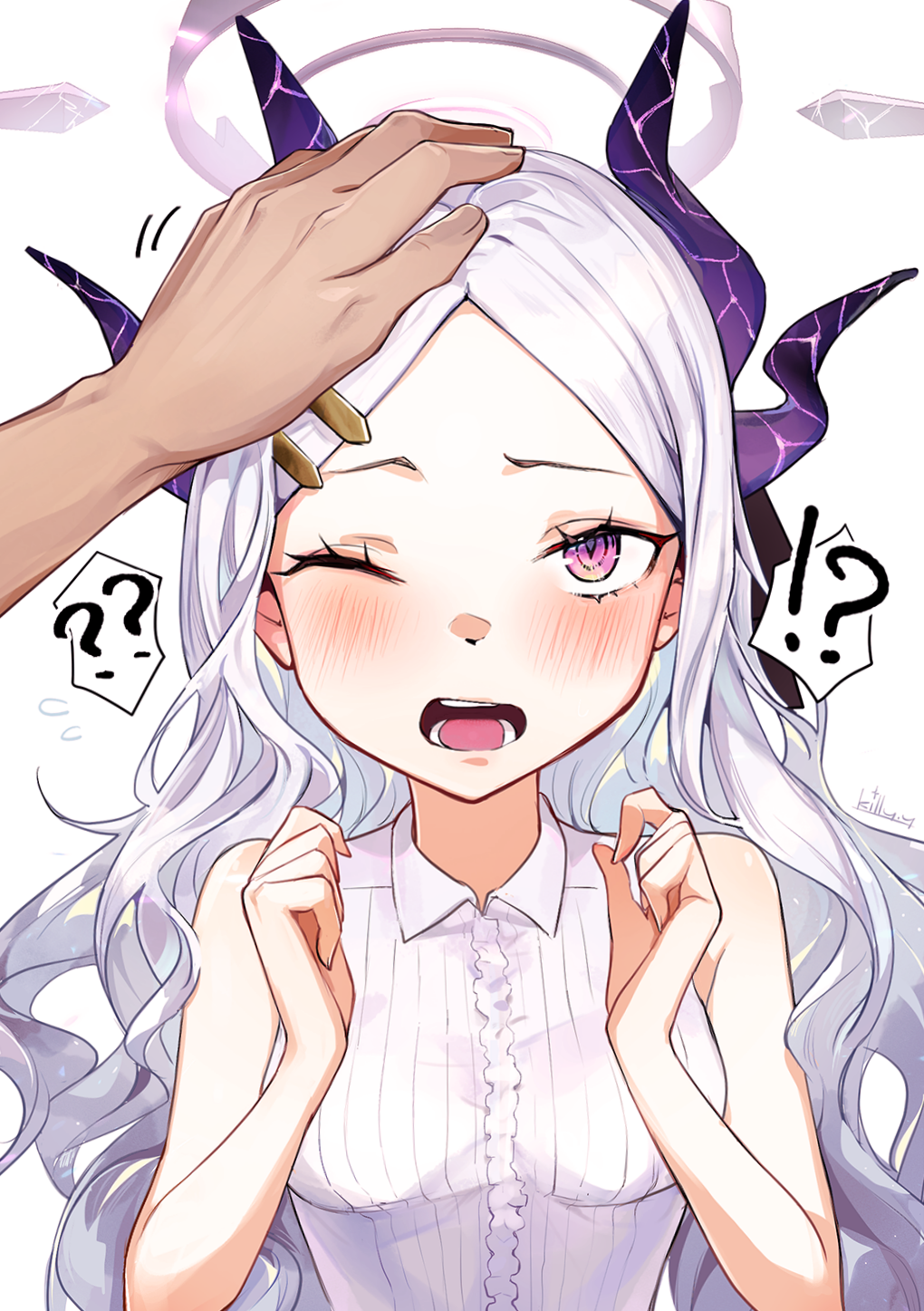 !? 1boy 1girl ;o ahoge bangs blue_archive commentary_request demon_girl demon_horns forehead hair_ornament hairclip halo headpat highres hina_(blue_archive) horns killy_doodle long_hair looking_at_viewer one_eye_closed out_of_frame parted_bangs ponytail pov pov_hands sensei_(blue_archive) sidelocks simple_background sleeveless speech_bubble surprised violet_eyes white_background white_hair