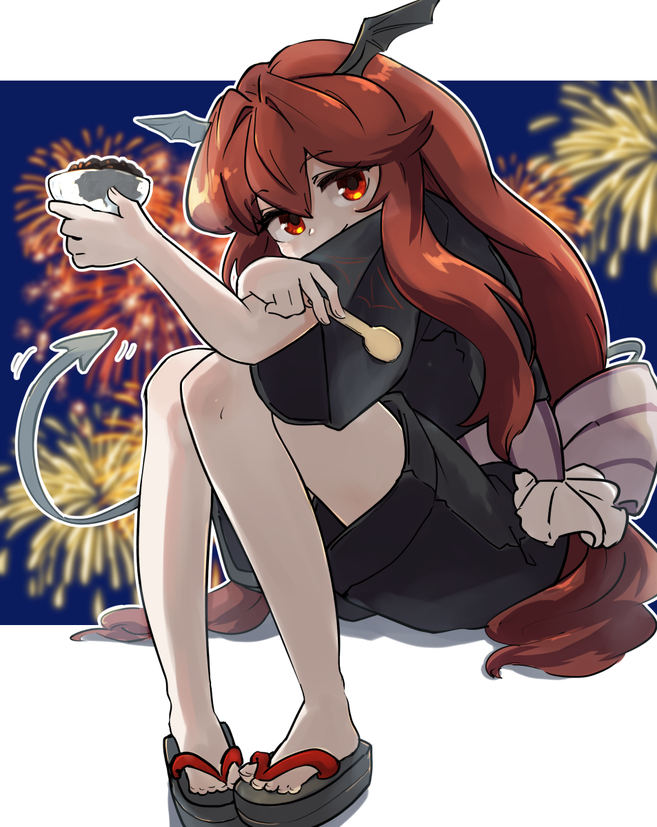 1girl aerial_fireworks bangs barefoot black_kimono black_wings closed_mouth commission demon_tail demon_wings fireworks food full_body geta hair_between_eyes head_wings highres holding holding_spoon japanese_clothes kimono koakuma long_hair long_sleeves red_eyes redhead skeb_commission smile solo spoon tail touhou uisu_(noguchipint) wide_sleeves wings