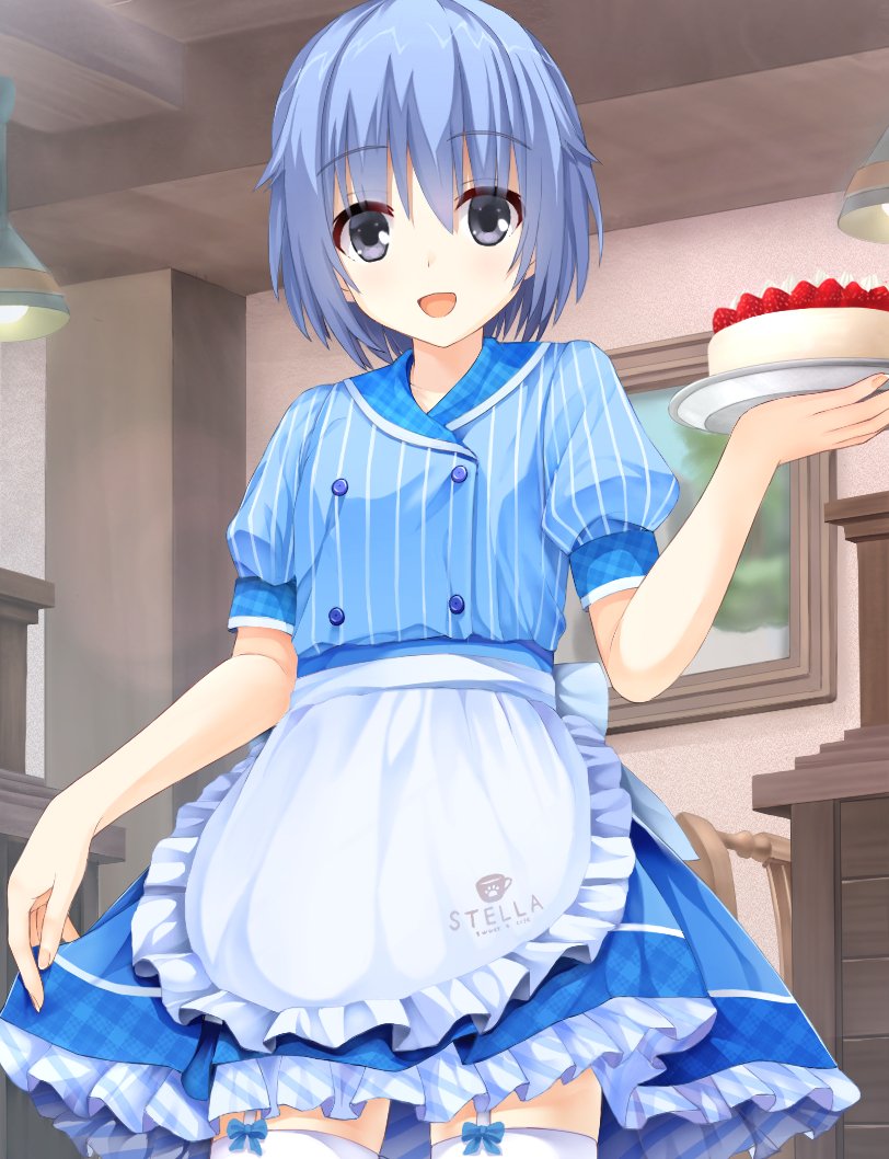 1boy :d apron back_bow bangs blue_bow blue_collar blue_hair blue_jacket blue_skirt blush bow cafe cafe_stella_to_shinigami_no_chou cake collar commentary company_connection cosplay crossdressing crossover food frilled_apron frilled_skirt frills fruit garter_straps grey_eyes hair_between_eyes hand_up holding holding_tray indoors jacket looking_at_viewer open_mouth otoko_no_ko pinstripe_pattern pinstripe_shirt plaid_collar print_cup puffy_short_sleeves puffy_sleeves riddle_joker shirt short_hair short_sleeves skirt skirt_tug smile solo spiky_hair standing strawberry striped suou_kyouhei thigh-highs tray waiter white_apron white_bow white_thighhighs xiexianglg yuzu-soft zettai_ryouiki