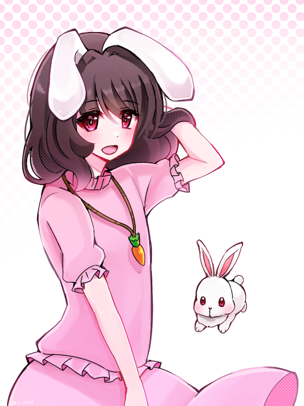 0pinky 1girl animal_ears bangs blush brown_hair carrot_necklace commentary cowboy_shot flat_chest floppy_ears frilled_shirt frilled_sleeves frills hair_between_eyes hand_in_own_hair inaba_tewi jewelry looking_at_viewer medium_hair necklace open_mouth pink_shirt pink_skirt rabbit rabbit_ears rabbit_girl red_eyes shirt skirt smile solo touhou white_background