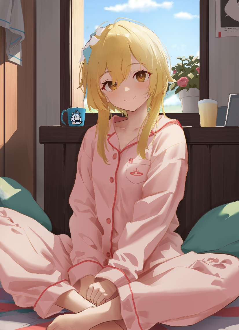 1girl aerldor aliasing bangs barefoot blonde_hair blue_sky buttons closed_mouth clouds collarbone commentary_request cup day drinking_glass feet_out_of_frame flower genshin_impact hair_flower hair_ornament indian_style indoors lily_(flower) long_sleeves looking_at_viewer lumine_(genshin_impact) paimon_(genshin_impact) pajamas pink_flower pink_pajamas pink_shirt plant pocket potted_plant shirt short_hair_with_long_locks sidelocks sitting sky smile solo window yellow_eyes