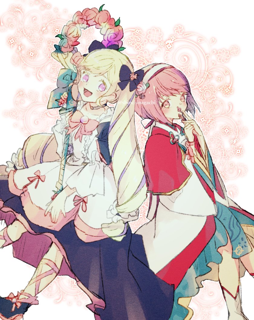 2girls :d black_bow blonde_hair bow choker covering_mouth dress elise_(fire_emblem) elise_(valentine)_(fire_emblem) fire_emblem fire_emblem_fates fire_emblem_heroes flower hair_bow hair_flower hair_ornament hairband holding holding_flower holding_staff japanese_clothes kimono long_hair long_sleeves looking_at_viewer multicolored_hair multiple_girls nishimura_(nianiamu) official_alternate_costume open_mouth pink_eyes pink_hair purple_hair sakura_(fire_emblem) sakura_(valentine)_(fire_emblem) short_hair smile staff twintails twitter_username two-tone_hair violet_eyes white_dress white_kimono wide_sleeves