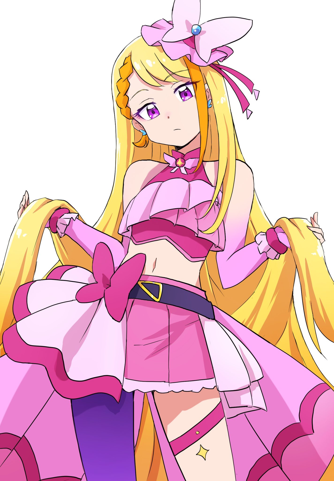 1girl belt_bow blonde_hair braid brooch butterfly_earrings cowboy_shot cure_butterfly earrings highres hijiri_ageha hirogaru_sky!_precure jewelry long_hair magical_girl midriff navel open_mouth pink_eyes pink_headwear pink_nails pink_skirt precure side_braid simple_background single_thighhigh skirt smile solo thigh-highs uraki very_long_hair white_background wing_brooch