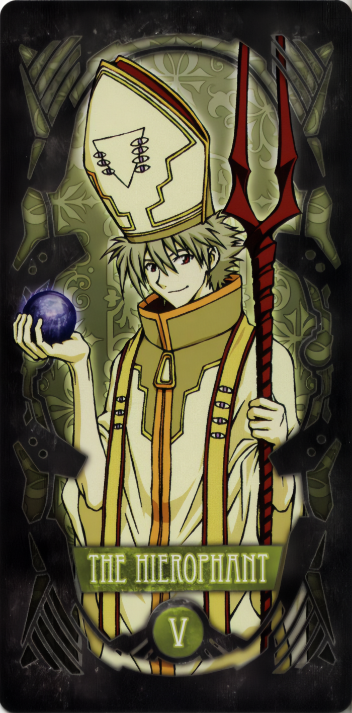 1boy black_moon black_moon_lilith blade card collar drawn_on_eyes egg hat highres holding_orb lance lance_of_longinus_(evangelion) moon nagisa_kaworu neon_genesis_evangelion non-web_source polearm red_eyes robe tarot the_hierophant_(tarot) weapon white_hair