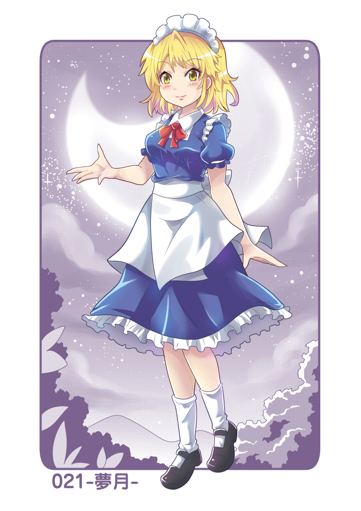 1girl apron blonde_hair bow breasts colonel_aki commentary_request crescent_moon hand_up looking_at_viewer maid maid_apron maid_headdress medium_breasts moon mountain mugetsu_(touhou) night night_sky puffy_short_sleeves puffy_sleeves short_hair short_sleeves skirt sky smile solo touhou translation_request yellow_eyes