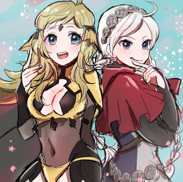 2girls ahoge bangs blonde_hair bodystocking braid breasts buttons capelet covered_navel fire_emblem fire_emblem_fates hairband hood hooded_capelet hoshigaki_(hsa16g) leather licking_lips low_twin_braids medium_breasts multiple_girls nina_(fire_emblem) open_mouth ophelia_(fire_emblem) parted_bangs red_capelet swept_bangs teeth tongue tongue_out turtleneck twin_braids upper_teeth_only white_hair