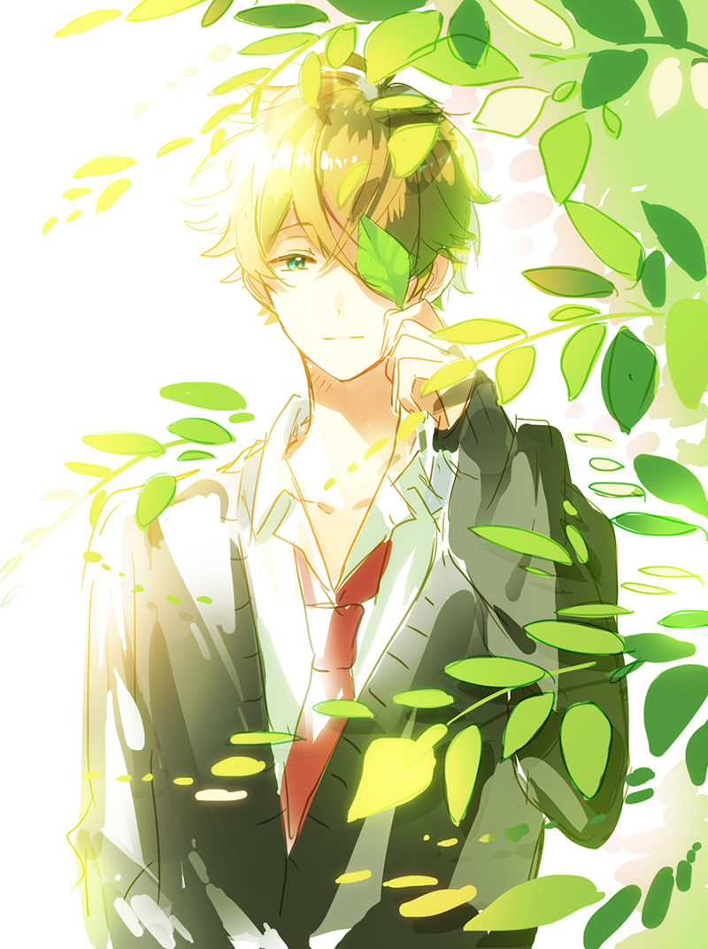 1boy backlighting bangs black_cardigan blue_eyes branch brown_hair cardigan closed_mouth collared_shirt commentary_request crossed_bangs ensemble_stars! hair_between_eyes hand_up holding holding_leaf kina_(446964) leaf long_sleeves looking_at_viewer male_focus necktie one_eye_covered red_necktie school_uniform shirt short_hair simple_background sketch sleeves_past_wrists smile solo takamine_midori upper_body white_background white_shirt wing_collar