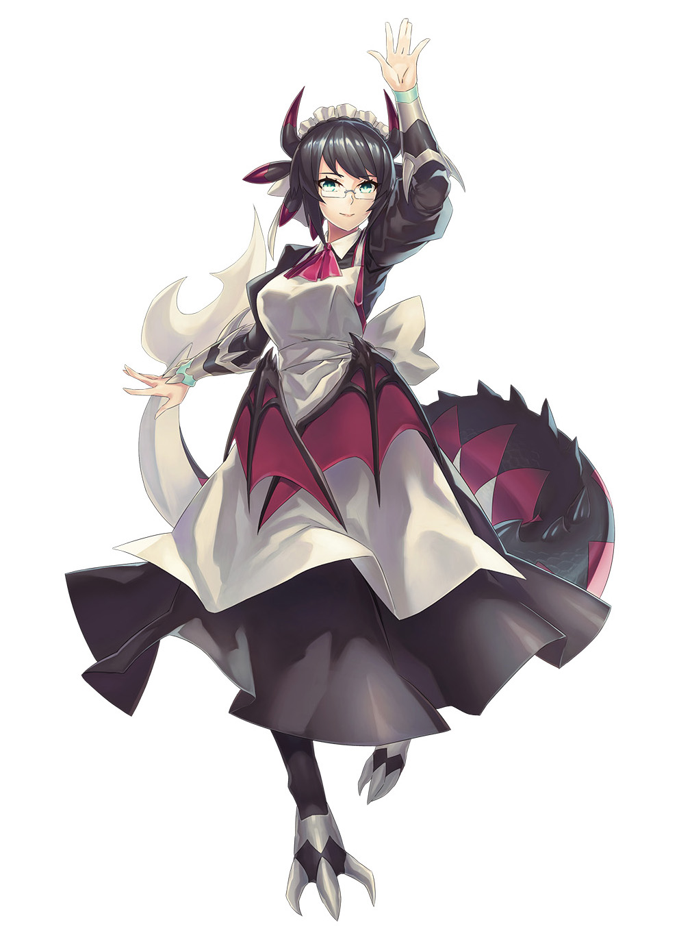 1girl a-er_(akkij0358) apron arm_up black_hair black_horns breasts dragon_girl dragon_horns dragon_tail dragon_wings duel_monster full_body glasses green_eyes highres horns house_dragonmaid lace-trimmed_apron lace_trim large_breasts multicolored_horns red_horns short_hair smile solo tail white_background wings yu-gi-oh!