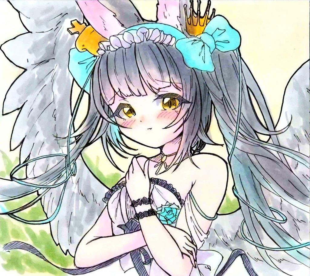 1girl :t angel_wings animal_ear_fluff animal_ears azur_lane bangs bare_shoulders black_hair blue_bow blush bow closed_mouth crossed_arms crown dress evening_gown feathered_wings flower fox_ears hair_bow hair_ornament hairband hand_on_own_arm hand_on_own_shoulder hand_up jewelry long_hair looking_at_viewer marker_(medium) mini_crown nagato_(azur_lane) nagato_(guardian_fox's_procession)_(azur_lane) necklace official_alternate_costume pout ribbon shiminy solo strapless strapless_dress traditional_media twintails upper_body white_dress white_wings wings yellow_eyes