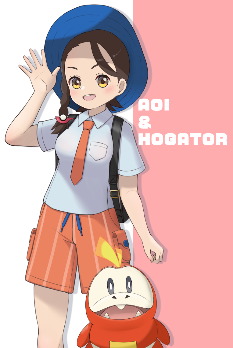 1girl :d backpack bag bangs black_bag blue_headwear blush braid breast_pocket brown_eyes brown_hair character_name chisamitsushi collared_shirt commentary_request eyelashes fuecoco hand_up hat juliana_(pokemon) necktie open_mouth orange_necktie orange_shorts pocket pokemon pokemon_(creature) pokemon_(game) pokemon_sv shirt short_sleeves shorts smile teeth two-tone_background upper_teeth_only