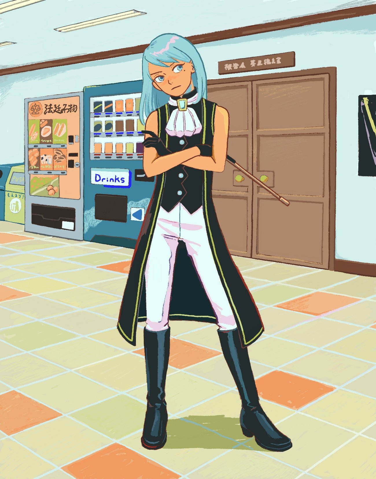 1girl 23011620x ace_attorney ace_attorney_investigations ascot black_footwear black_gloves black_vest blue_eyes blue_hair boots closed_mouth crossed_arms door franziska_von_karma full_body gem gloves hallway highres holding indoors knee_boots long_hair looking_to_the_side mole mole_under_eye pants solo standing tile_floor tiles vending_machine vest white_pants