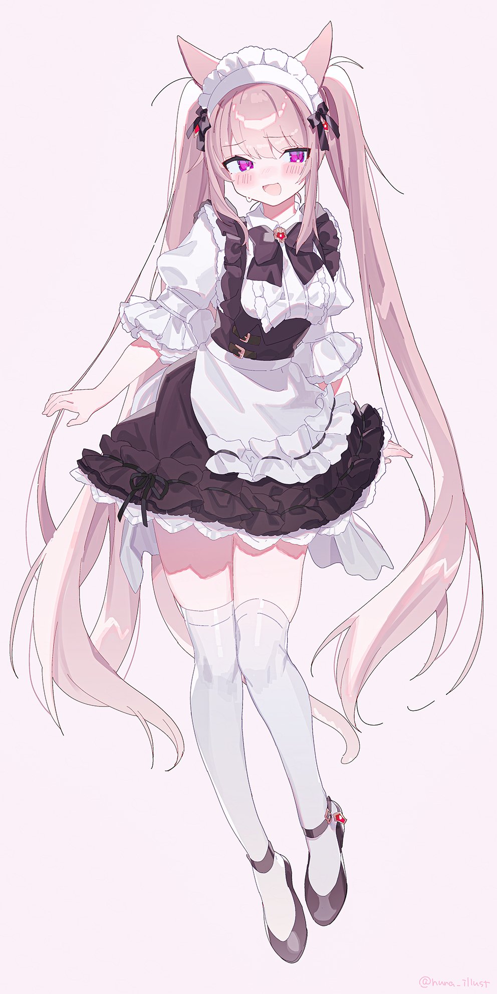 1girl :d animal_ears apron avatar_(ff14) black_dress breasts cat_ears cat_girl cat_tail dress final_fantasy final_fantasy_xiv full_body funa_(sakana) highres light_brown_hair long_hair looking_at_viewer maid maid_headdress medium_breasts miqo'te nervous_smile puffy_short_sleeves puffy_sleeves shirt short_dress short_sleeves smile tail thigh-highs twintails twintails_day very_long_hair violet_eyes white_shirt white_thighhighs