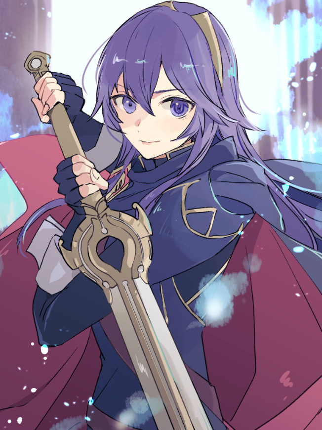 1girl armor bangs blue_cape blue_eyes blue_gloves blue_hair cape closed_mouth commentary_request falchion_(fire_emblem) fingerless_gloves fire_emblem fire_emblem_awakening gloves hair_between_eyes holding holding_sword holding_weapon long_hair long_sleeves looking_at_viewer lucina_(fire_emblem) red_cape shoulder_armor smile solo sword tenjin_(ahan) tiara two-tone_cape weapon