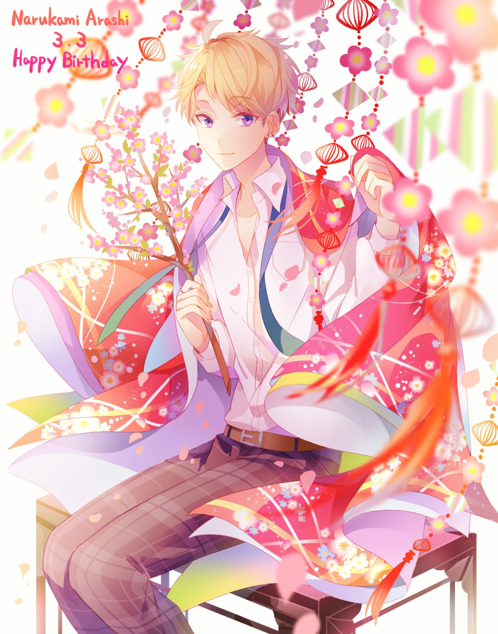 1boy ahoge bangs belt belt_buckle blonde_hair blush branch brown_belt buckle buttons character_name cherry_blossoms closed_mouth collarbone collared_shirt commentary_request dated dress_shirt earrings ensemble_stars! feet_out_of_frame flower grey_pants hands_up happy_birthday highres holding holding_branch jewelry kina_(446964) long_sleeves looking_at_viewer male_focus narukami_arashi necktie pants parted_bangs pink_flower plaid plaid_pants ring school_uniform shirt shirt_tucked_in short_hair sidelocks sitting smile solo swept_bangs tassel undone_necktie violet_eyes white_background white_shirt wing_collar
