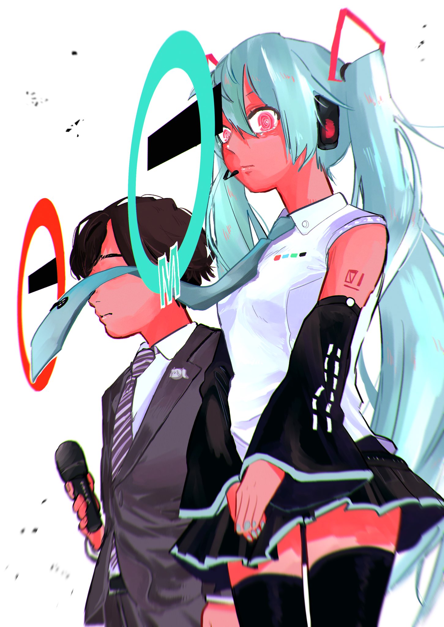 1boy 1girl @_@ alternate_eye_color anonymous_m_(vocaloid) aqua_necktie arufa_faru bar_censor belt black_hair black_skirt black_sleeves black_thighhighs blurry censored character_pin closed_mouth collared_shirt commentary covered_eyes cowboy_shot crazy_eyes depth_of_field detached_sleeves dress_shirt expressionless formal from_side goechipi hair_between_eyes hair_ornament hatsune_miku hatsune_miku_(vocaloid4) headphones highres holding holding_microphone identity_censor long_hair looking_at_viewer looking_down microphone miniskirt necktie number_tattoo own_hands_together pink_eyes shirt short_hair sideways_glance skirt sleeveless sleeveless_shirt striped_necktie suit tattoo thigh-highs twintails uncensored vocaloid white_background white_shirt wind wind_lift zettai_ryouiki