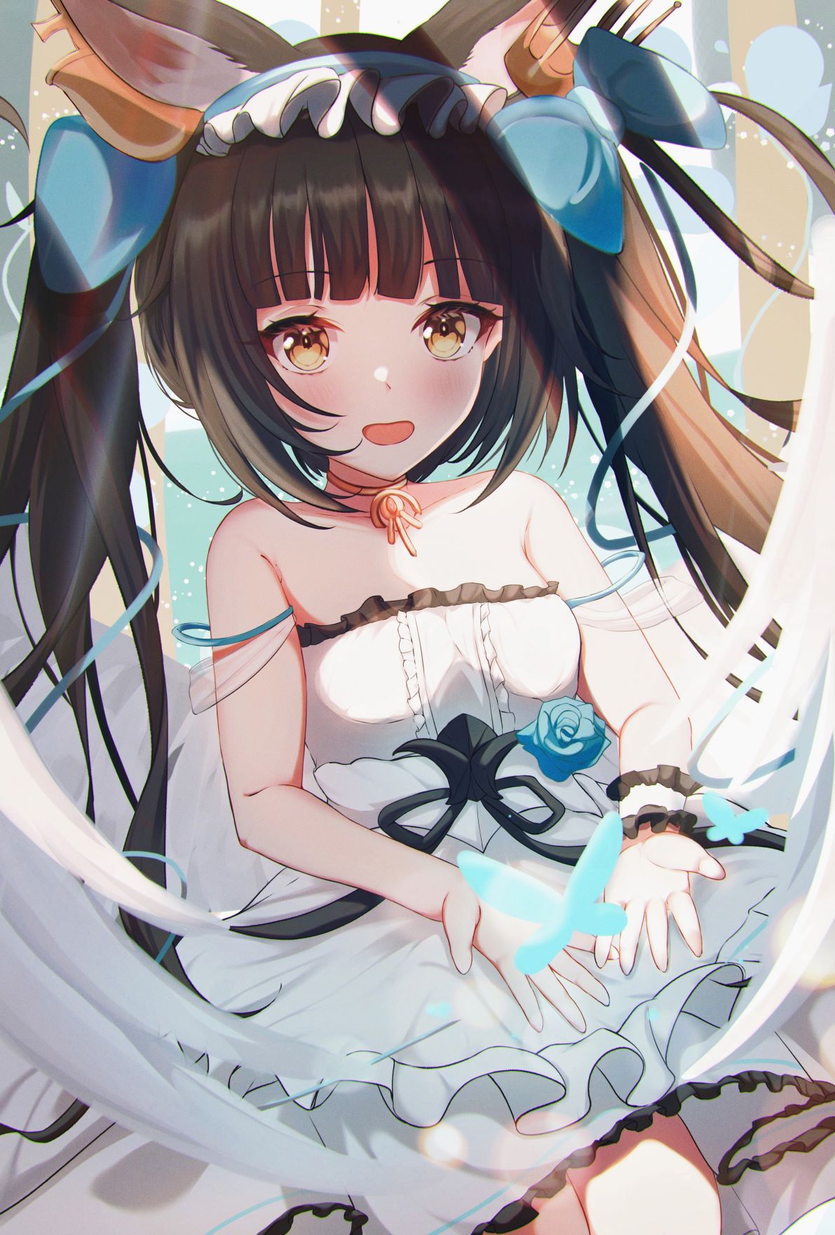 1girl :d alternate_costume animal_ear_fluff animal_ears azur_lane bangs bare_shoulders black_hair blue_butterfly blue_flower blue_ribbon blue_rose blunt_bangs blush bow breasts bug butterfly collarbone crown dress evening_gown flower fox_ears fox_girl frilled_dress frilled_hairband frills hair_bow hair_ornament hairband headband highres long_hair looking_at_viewer mini_crown nagato_(azur_lane) nagato_(guardian_fox's_procession)_(azur_lane) official_alternate_costume open_mouth ribbon rose sidelocks sitting sleeveless sleeveless_dress small_breasts smile solo strapless strapless_dress twintails umidemi white_dress wrist_cuffs yellow_eyes