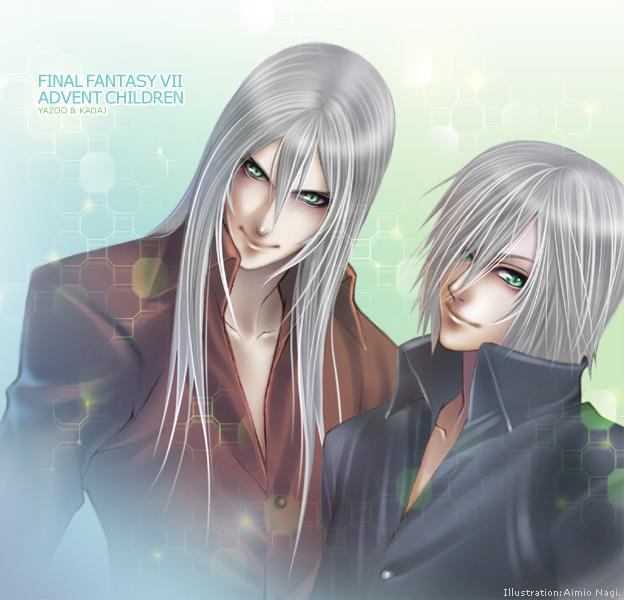 2boys aimio_nagi black_shirt brown_shirt collared_shirt final_fantasy final_fantasy_vii final_fantasy_vii_advent_children gradient_background green_eyes grey_hair kadaj long_hair male_focus multiple_boys shirt short_hair slit_pupils smile smirk yazoo