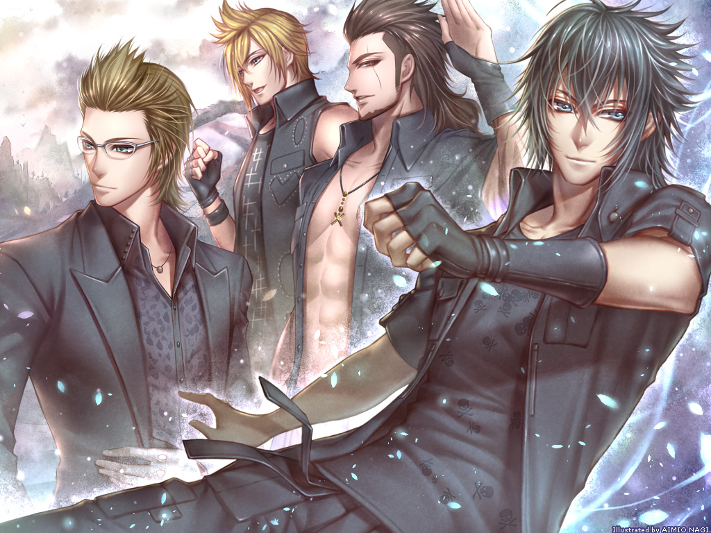 4boys aimio_nagi arm_tattoo black_gloves black_hair black_jacket black_pants black_shirt black_vest blonde_hair blue_eyes brown_eyes brown_hair cargo_pants collared_jacket collared_shirt facial_hair final_fantasy final_fantasy_xv fingerless_gloves gladiolus_amicitia glasses gloves gold_necklace green_eyes ignis_scientia jacket jewelry light_smile male_focus messy_hair mountain mountainous_horizon multiple_boys muscular muscular_male necklace noctis_lucis_caelum open_clothes open_jacket pants prompto_argentum scar scar_across_eye scar_on_face shirt short_hair short_sleeves sideburns single_fingerless_glove sleeveless sleeveless_shirt spiky_hair suit_jacket tattoo vest