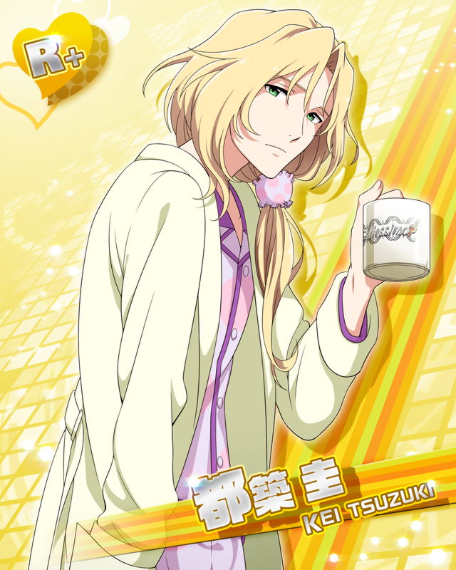 1boy blonde_hair buttons card_(medium) character_name closed_mouth cup fingernails green_eyes holding holding_cup idolmaster idolmaster_side-m long_hair male_focus official_art pajamas solo tsuzuki_kei yellow_background