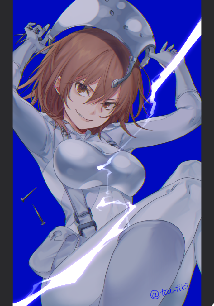 1girl armor arms_up blue_background breasts brown_eyes brown_hair cowboy_shot electricity electrokinesis evil_smile gloves grey_gloves grey_headwear grey_pants grey_shirt headgear headgear_removed knees_up large_breasts lightning mask misaka_worst nail pants pilot_suit shirt short_sleeves signature skin_tight smile smug solo solo_focus tautiki toaru_majutsu_no_index