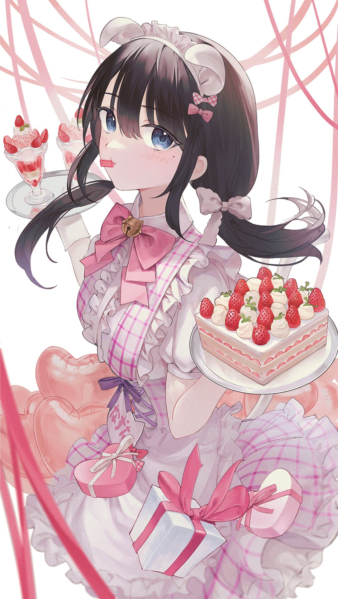 1girl animal_ears balloon bangs bell black_hair blue_eyes blush bow box breasts center_frills checkered_bow checkered_clothes checkered_dress collared_dress commentary cross-laced_clothes cup dress eating fake_animal_ears food frills fruit gift gift_box gloves hair_between_eyes hair_bow hairband heart_balloon highres holding holding_tray ice_cream kaga_nazuna looking_at_viewer low_twintails lupinus_virtual_games medium_breasts mole mole_under_eye nakashima_(pluscolor) pink_bow ribbon sidelocks strawberry strawberry_shortcake strawberry_slice sundae tray twintails virtual_youtuber vspo! white_background white_dress white_gloves