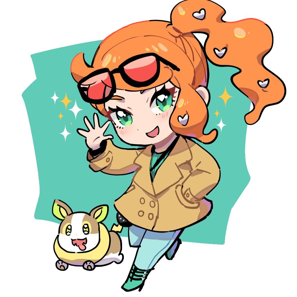 1girl animal_ears bad_id bad_pixiv_id blush chibi coat dede_(qwea_00000) dog_ears eyewear_on_head green_eyes hair_ornament hand_in_pocket hand_up heart heart_hair_ornament looking_at_viewer open_mouth orange_hair pokemon pokemon_(creature) pokemon_(game) pokemon_swsh side_ponytail smile sonia_(pokemon) sparkle sunglasses yamper