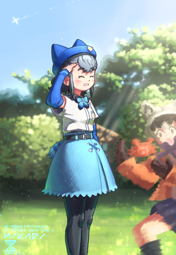 2girls animal_ears beret black_pantyhose blue_bow blue_bowtie blue_headwear blue_skirt blue_sleeves blurry blush bow bowtie brown_gloves commentary_request crab crab-eating_raccoon_(kemono_friends) detached_sleeves frilled_skirt frills gloves grey_hair hat high-waist_skirt hikari_(kemono_friends) imnim_leef jacket japari_symbol kemono_friends multicolored_hair multiple_girls orange_jacket pantyhose pleated_skirt purple_skirt raccoon_ears raccoon_girl salute shirt short_hair short_sleeves skirt smile t-shirt two-tone_hair white_shirt