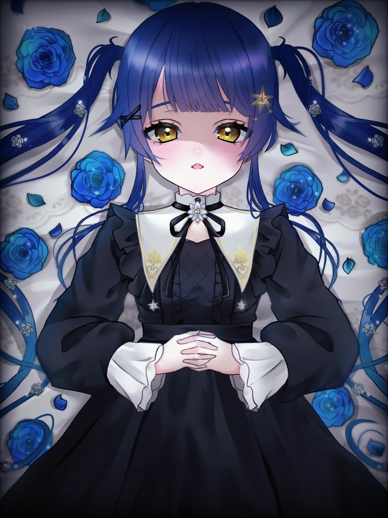alternate_costume amamiya_kokoro bangs bed bed_sheet black_dress blue_hair blunt_bangs blush collar dress flat_chest flower frilled_dress frills hair_ornament half-closed_eyes holding_hands interlocked_fingers looking_at_viewer lying nijisanji on_back open_mouth petals shaded_face twintails virtual_youtuber yellow_eyes