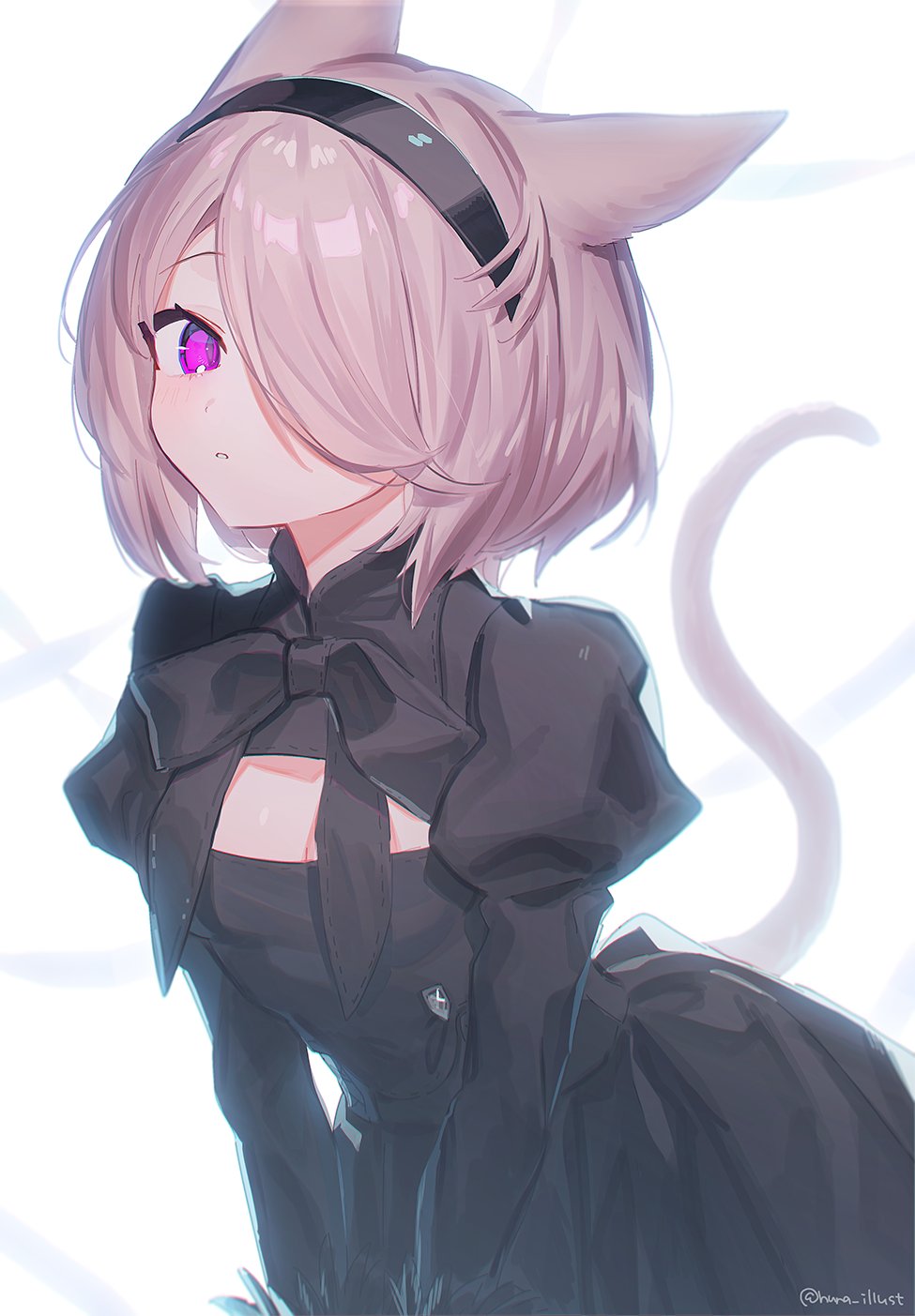 1girl animal_ears avatar_(ff14) black_dress black_hairband cat_ears cat_girl cat_tail cleavage_cutout clothing_cutout dress final_fantasy final_fantasy_xiv funa_(sakana) hair_over_one_eye hairband highres juliet_sleeves light_brown_hair long_sleeves miqo'te one_eye_covered parted_lips puffy_sleeves short_hair tail twitter_username violet_eyes