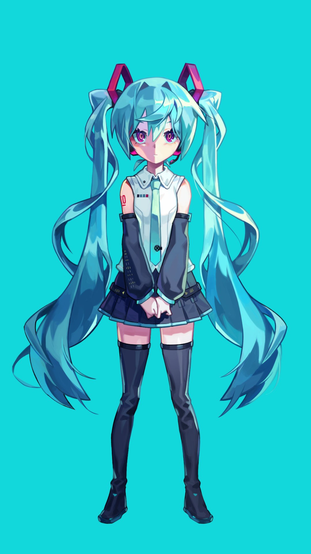 1girl anonymous_m_(vocaloid) aqua_background aqua_hair aqua_necktie bare_shoulders black_skirt black_sleeves black_thighhighs censored commentary detached_sleeves english_commentary expressionless full_body hair_ornament hatsune_miku headphones headset highres long_hair miniskirt necktie own_hands_together picklehaterx_x pink_eyes pleated_skirt ringed_eyes shirt shoulder_tattoo skirt sleeveless sleeveless_shirt solo standing straight-on tattoo thigh-highs twintails very_long_hair vocaloid white_shirt zettai_ryouiki