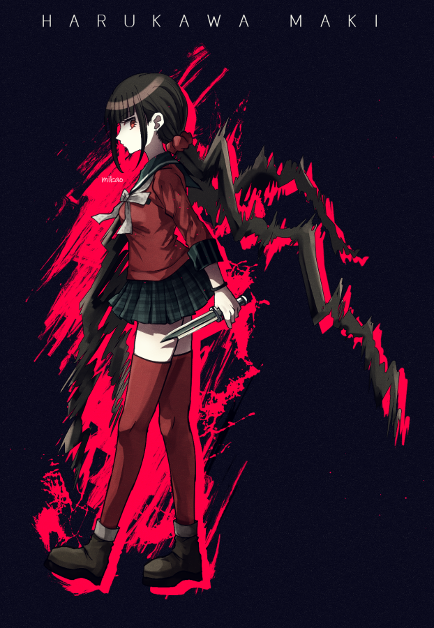 1girl bangs blunt_bangs brown_footwear brown_hair commentary_request danganronpa_(series) danganronpa_v3:_killing_harmony full_body hair_ornament hair_scrunchie harukawa_maki holding holding_knife knife long_hair long_sleeves low_twintails mikao_(eanv5385) pleated_skirt red_eyes red_scrunchie red_shirt sailor_collar school_uniform scrunchie shirt shoes skirt solo twintails