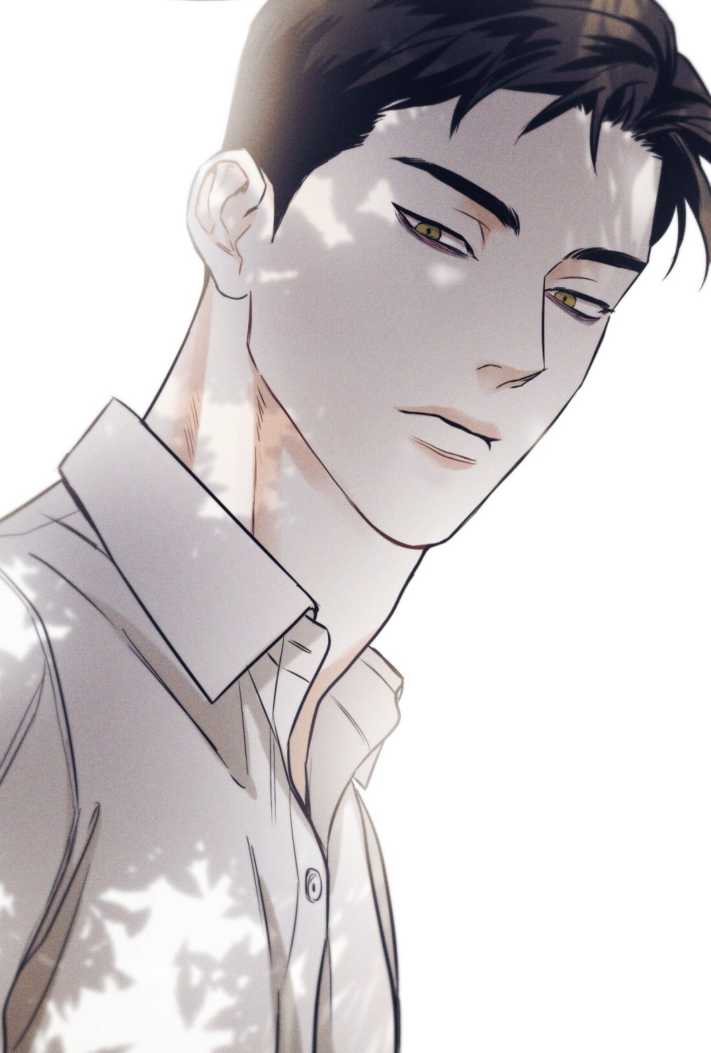 1boy black_hair buttons closed_mouth collared_shirt commentary highres kang_seo-an looking_at_viewer male_focus shirt short_hair solo symbol-only_commentary the_pizza_delivery_man_and_the_gold_palace upi_045 upper_body white_background white_shirt yellow_eyes