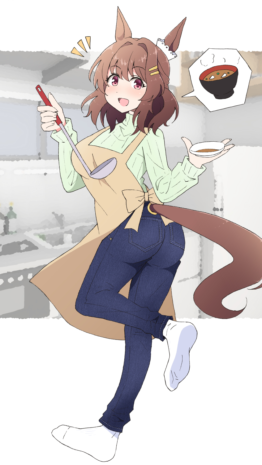 1girl animal_ears blue_pants bowl breasts brown_hair denim ear_ornament foot_up full_body hair_ornament hairclip highres holding holding_bowl holding_ladle horse_ears horse_girl horse_tail jeans kitchen ladle light_hello_(umamusume) looking_at_viewer medium_breasts miso_soup nel-c open_mouth pants red_eyes short_hair smile socks solo spoken_food standing standing_on_one_leg tail tail_through_clothes umamusume white_socks