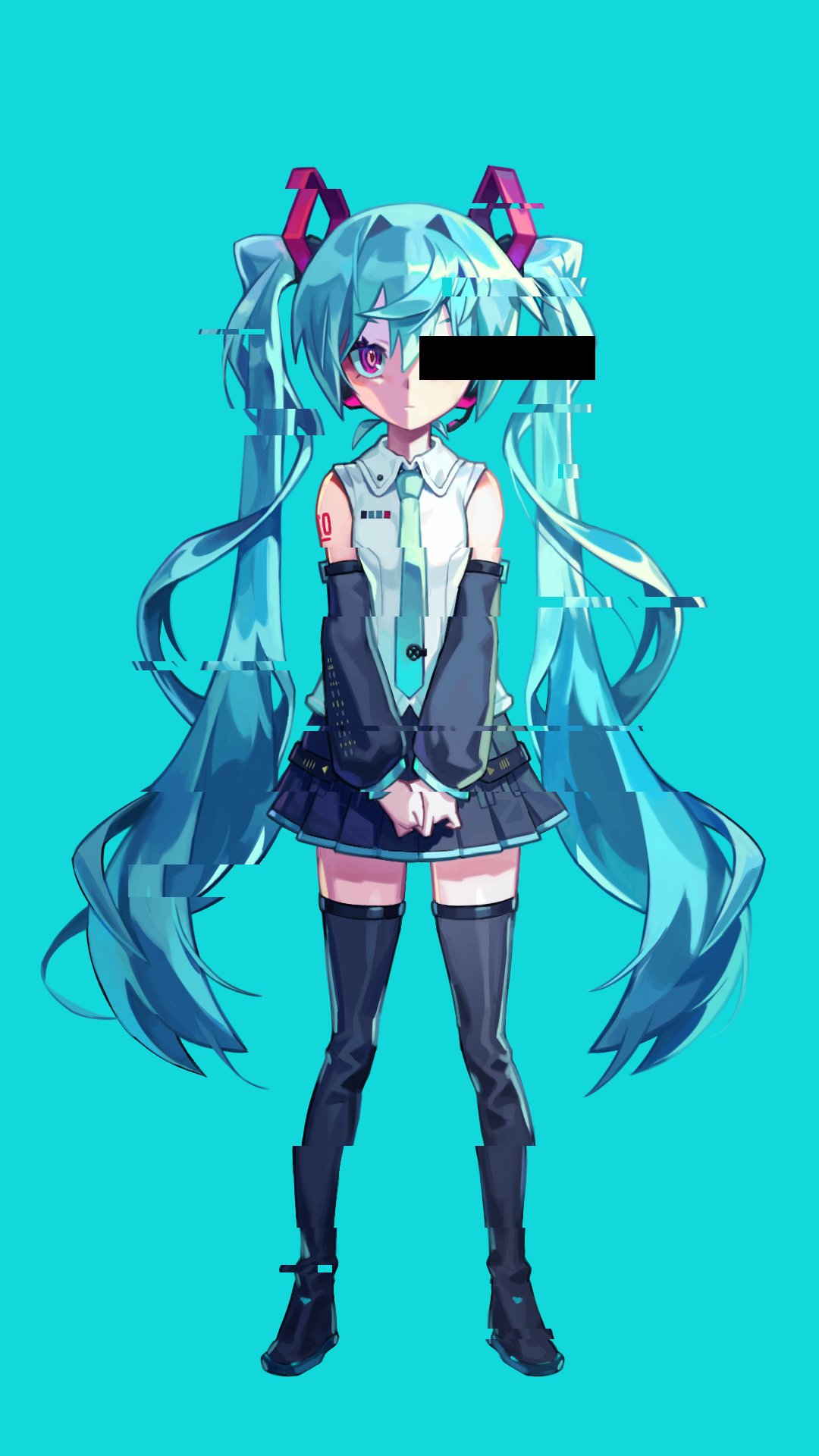 1girl anonymous_m_(vocaloid) aqua_background aqua_hair aqua_necktie bar_censor bare_shoulders black_skirt black_sleeves black_thighhighs censored commentary detached_sleeves expressionless full_body glitch hair_ornament hatsune_miku headphones headset highres identity_censor long_hair miniskirt necktie one_eye_covered own_hands_together picklehaterx_x pink_eyes pleated_skirt ringed_eyes shirt shoulder_tattoo skirt sleeveless sleeveless_shirt solo standing straight-on tattoo thigh-highs twintails very_long_hair vocaloid white_shirt zettai_ryouiki