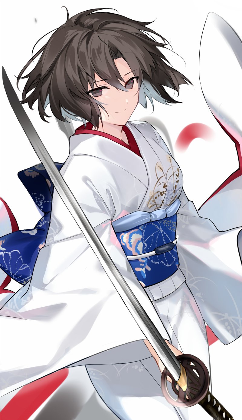 1girl bangs black_eyes black_hair closed_mouth commentary_request floating_hair fukuda935 hair_between_eyes highres holding holding_sword holding_weapon japanese_clothes kara_no_kyoukai katana kimono looking_at_viewer obi ryougi_shiki sash short_hair simple_background smile solo sword weapon white_background white_kimono wide_sleeves