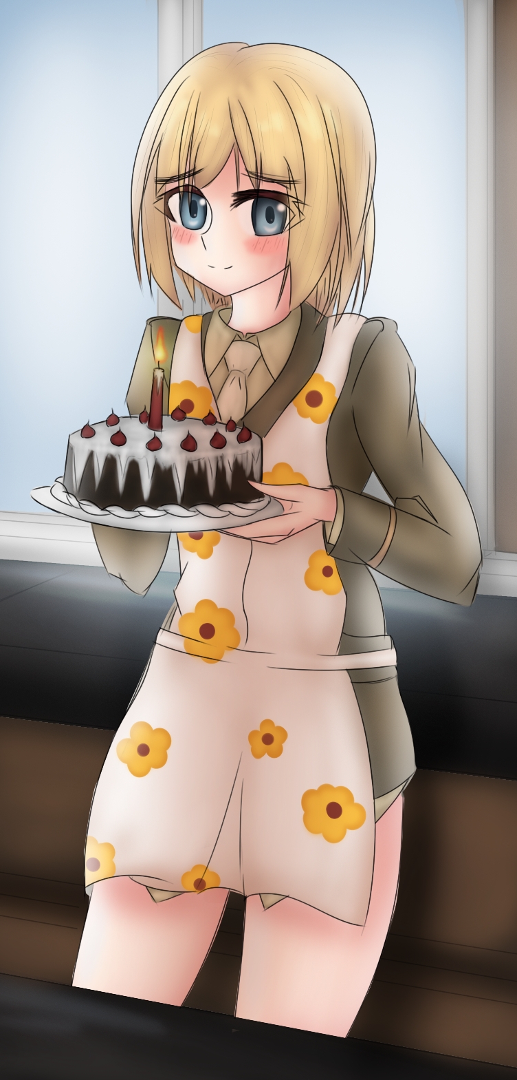 1girl abukumacl apron bangs blonde_hair blue_eyes blush cake counter food happy_birthday highres jane_t._godfrey looking_at_viewer military military_uniform necktie short_hair solo strike_witches strike_witches:_kurenai_no_majo-tachi uniform window world_witches_series