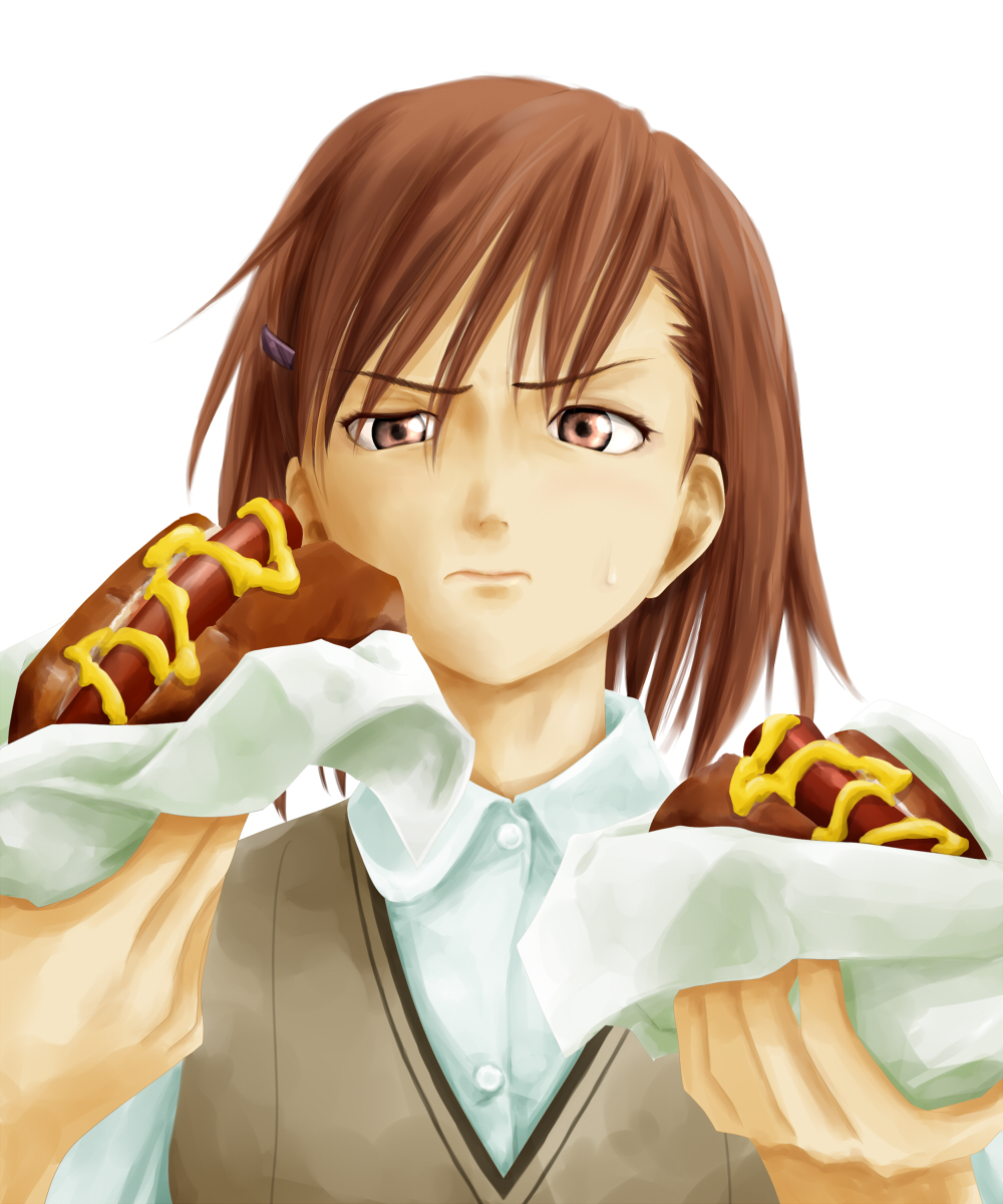 1girl ban_(777purin) brown_eyes brown_hair brown_sweater_vest closed_mouth commentary_request confused food hair_between_eyes hands_up highres holding holding_food hot_dog hot_dog_bun looking_at_food medium_hair misaka_mikoto mustard nose sausage school_uniform shirt simple_background sweatdrop sweater_vest t-shirt toaru_kagaku_no_railgun toaru_majutsu_no_index tokiwadai_school_uniform upper_body v-shaped_eyebrows white_background white_shirt