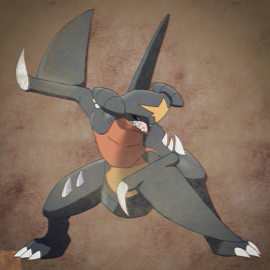 animal_focus arm_up black_sclera brown_background chromatic_aberration collarbone colored_sclera commentary_request dragon fighting_stance garchomp herari leaning_forward legs_apart no_humans open_mouth pokemon pokemon_(creature) sharp_teeth simple_background solo standing teeth yellow_eyes