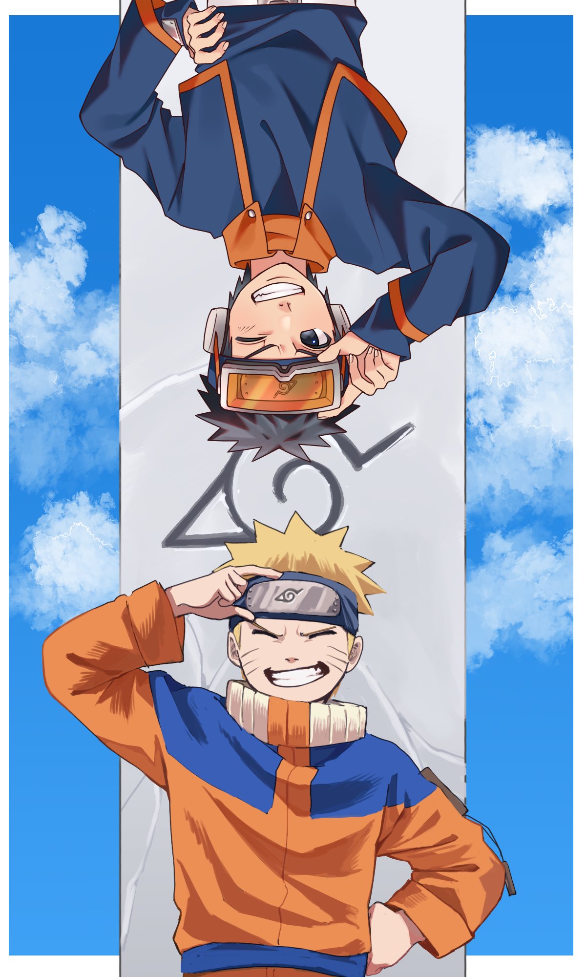 2boys black_hair blonde_hair blue_sky closed_eyes commentary commentary_request facial_mark forehead_protector goggles hand_on_hip highres insignia long_sleeves looking_at_viewer male_focus multiple_boys naruto naruto_(series) ninja one_eye_closed pnpk_1013 short_hair sky smile spiky_hair teeth uchiha_obito uzumaki_naruto whisker_markings