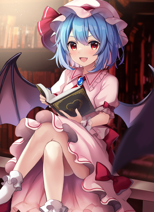 1girl :d bangs bat_wings blue_brooch blue_hair blush book bow clothes_lift collar crossed_legs dress dress_lift fang frilled_collar frilled_cuffs frills hair_between_eyes hat hat_ribbon holding holding_book library looking_at_viewer medium_hair mob_cap open_mouth pink_collar pink_dress pink_headwear puffy_short_sleeves puffy_sleeves red_bow red_eyes red_footwear red_ribbon remilia_scarlet ribbon ruhika short_sleeves sitting slit_pupils smile socks solo touhou v-shaped_eyebrows vampire white_socks wing_collar wings
