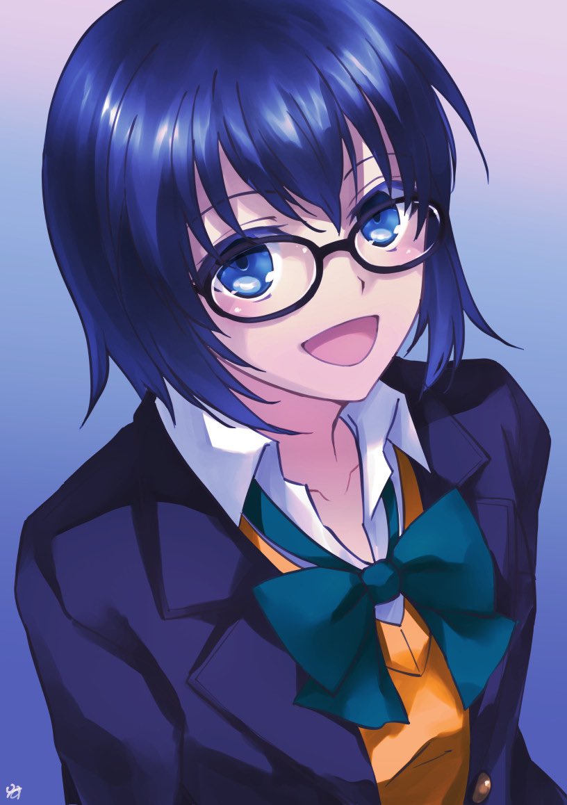 1girl black_jacket blue_background blue_eyes blue_hair bow bowtie ciel_(tsukihime) commentary_request glasses gradient_background jacket lo_lis loose_bowtie open_mouth school_uniform signature smile solo tsukihime upper_body