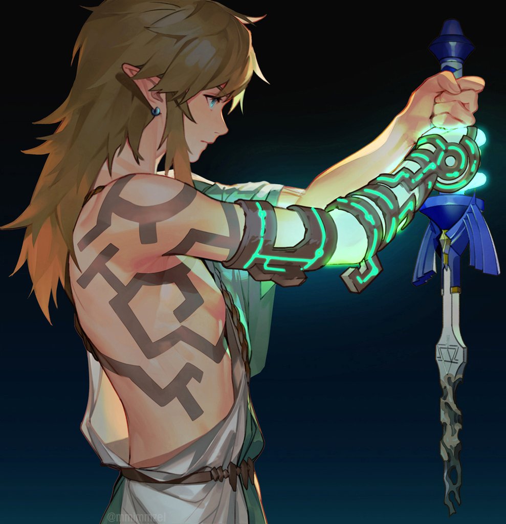 1boy arms_up bangs bare_shoulders black_background blonde_hair blue_eyes body_markings bodypaint closed_mouth commentary earrings eyelashes hair_between_eyes holding holding_sword holding_weapon jewelry link long_hair male_focus mimme_(haenakk7) pointy_ears profile sidelocks simple_background solo sword the_legend_of_zelda the_legend_of_zelda:_tears_of_the_kingdom upper_body weapon
