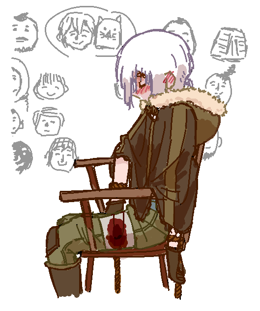 1boy bangs blood blood_on_clothes blush bot_mark_art death from_side fumetsu_no_anata_e gloves low_ponytail poncho ponytail sad short_hair simple_background sitting the_nameless_boy_(fumetsu_no_anata_e) white_hair