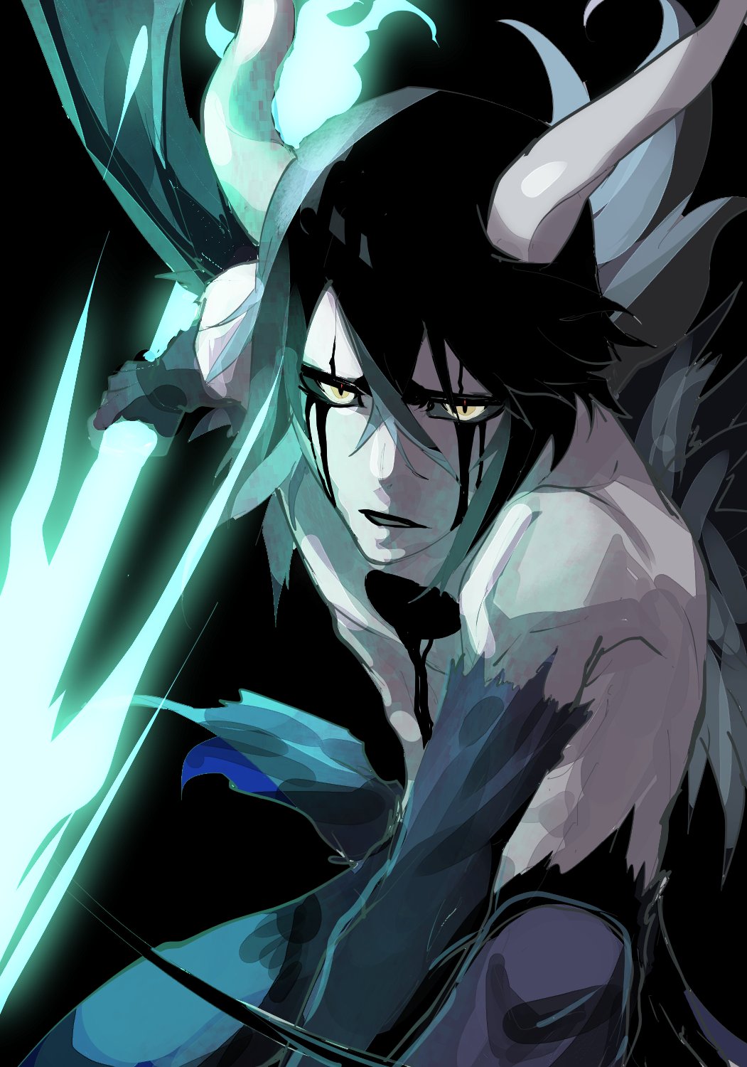 1boy bat_wings black_background black_hair black_sclera bleach colored_sclera colored_skin energy_weapon glowing glowing_weapon hair_between_eyes highres hishui_prpr holding holding_polearm holding_weapon hole_in_chest hole_on_body horns looking_at_viewer male_focus parted_lips polearm short_hair solo ulquiorra_cifer weapon white_horns white_skin wings yellow_eyes