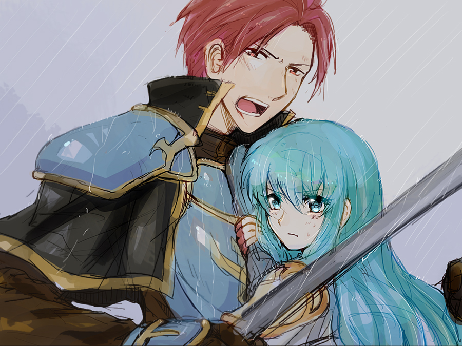 1boy 1girl armor bangs blue_eyes blue_hair eirika_(fire_emblem) fire_emblem fire_emblem:_the_sacred_stones hair_between_eyes holding holding_sword holding_weapon long_hair looking_at_viewer miuta open_mouth rain red_eyes redhead seth_(fire_emblem) short_hair shoulder_armor sword teeth upper_body weapon