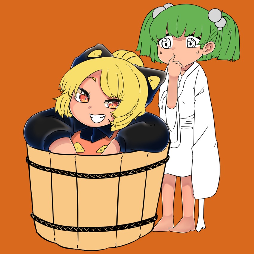 2girls bangs black_bow black_shirt blonde_hair blunt_bangs bone bow brown_dress brown_eyes bucket closed_mouth commentary_request dress extra_eyes flat_color full_body green_hair grin hair_bobbles hair_bow hair_bun hair_ornament in_bucket in_container japanese_clothes kimono kisume kurodani_yamame long_sleeves looking_at_another looking_at_viewer multiple_girls orange_background pinafore_dress rinyamame shirt short_hair simple_background smile standing touhou two_side_up white_eyes white_kimono wide_sleeves wooden_bucket