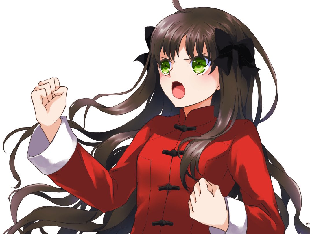 1girl ahoge black_bow bow breasts brown_hair chinese_clothes clenched_hands commentary_request fate/stay_night fate_(series) green_eyes hair_bow lo_lis open_mouth small_breasts solo tohsaka_rin upper_body v-shaped_eyebrows