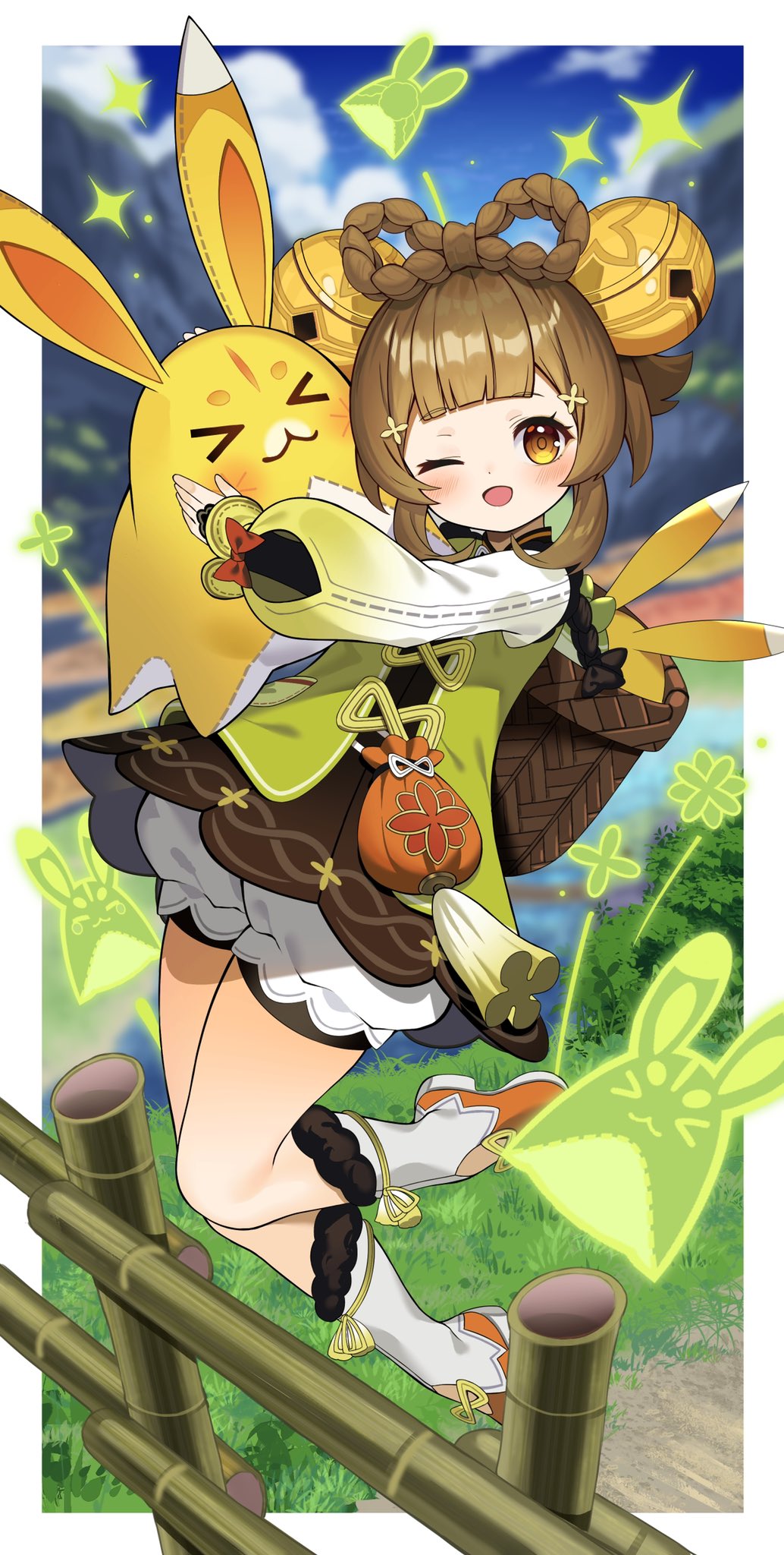 &gt;_&lt; 1girl 1other animal animal_ears arms_up bag bamboo bamboo_fence bangs basket bell bloomers blue_sky blunt_bangs blurry blurry_background blush boots border bow bow-shaped_hair brown_dress brown_eyes brown_hair bush closed_eyes clouds cloudy_sky day dress fence flower fur-trimmed_footwear fur_trim genshin_impact grass green_flower green_vest hair_bell hair_flower hair_ornament hands_up highres hug leaf leg_up long_sleeves looking_at_viewer mountain one_eye_closed open_mouth orange_bow orange_footwear outdoors outside_border puffy_long_sleeves puffy_sleeves rabbit rabbit_ears red_bow river shirt short_hair sidelocks sky smile standing standing_on_one_leg tassel tongue two-tone_footwear two-tone_fur underwear vest water white_border white_footwear white_fur white_shirt yaoyao_(genshin_impact) yellow_bow yellow_flower yellow_fur yuegui_(genshin_impact) yuujin_(yuzinn333)